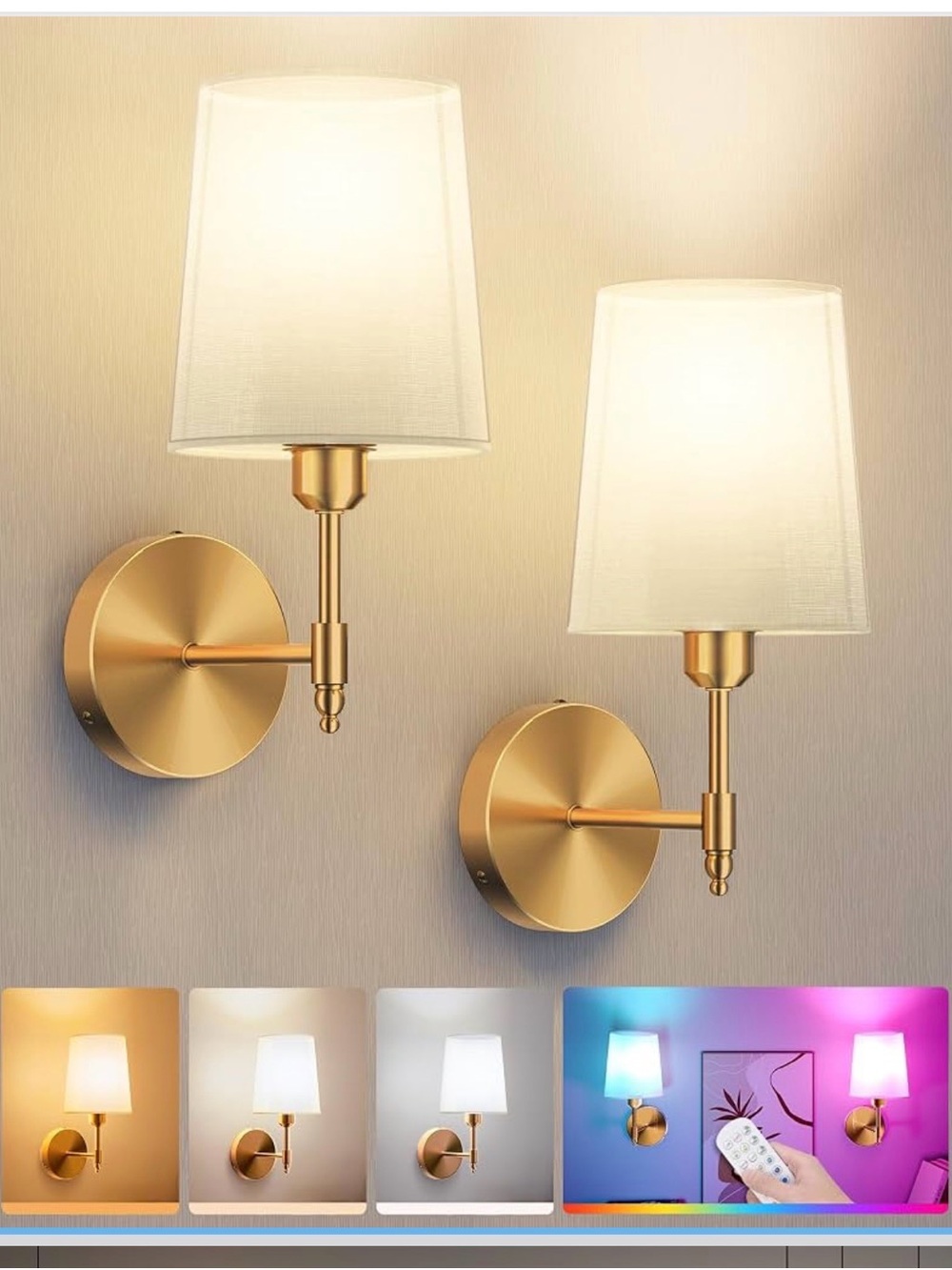 Modern Gold Wall Sconce Pair with White Fabric Shades